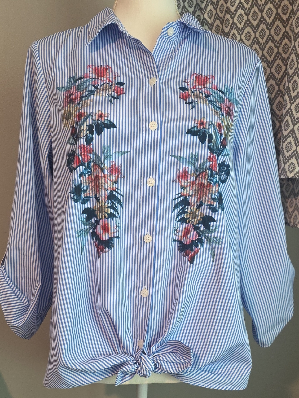 Alyx Blue and White Striped Floral Button-Up Shirt Size Large
